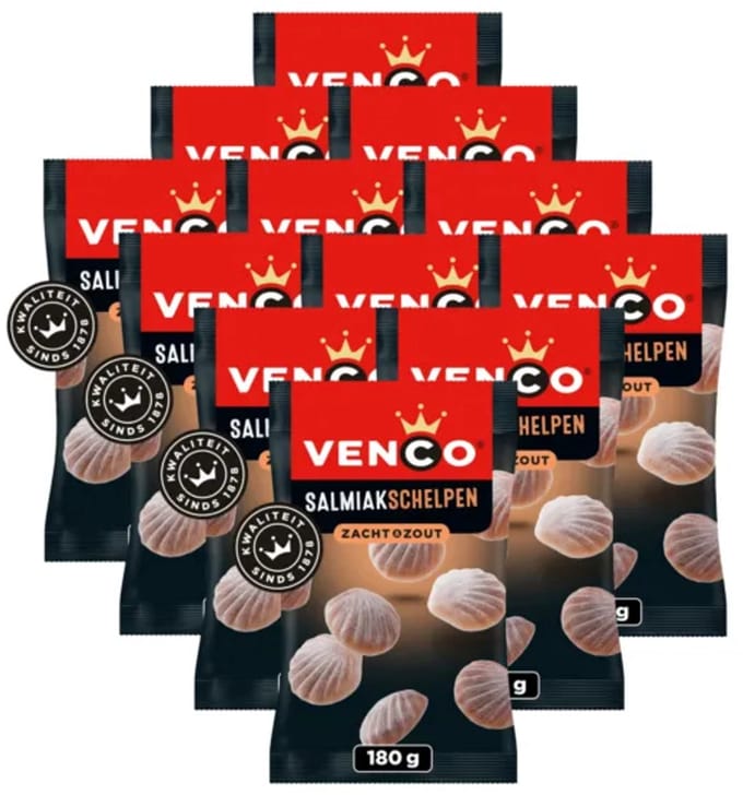 Venco Salmiakschelpen 12 x 180 gram – Knapperige Drop met Romige Salmiakvulling