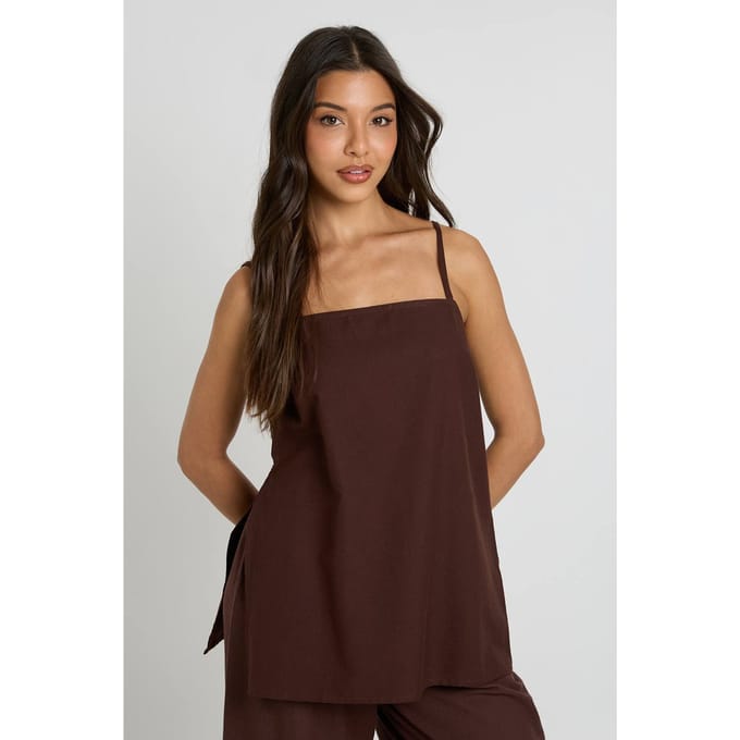 boohoo Dames Linnen-look Longline Cami & Wijde Broek Co-ord | Chocoladebruin | Maat: 40
