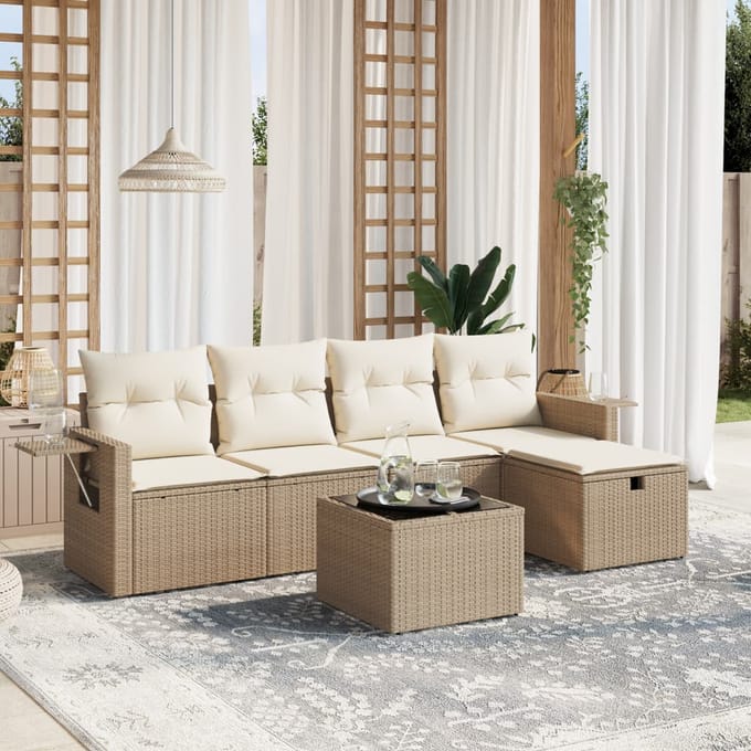 vidaXL - 6-delige - Loungeset - met - kussens - poly - rattan - beige