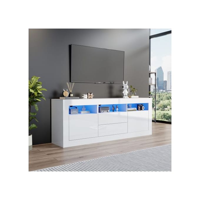 Meuble TV - MUVOE - 160x35x60cm - Brillant - Éclairage LED - 3 compartiments ouverts
