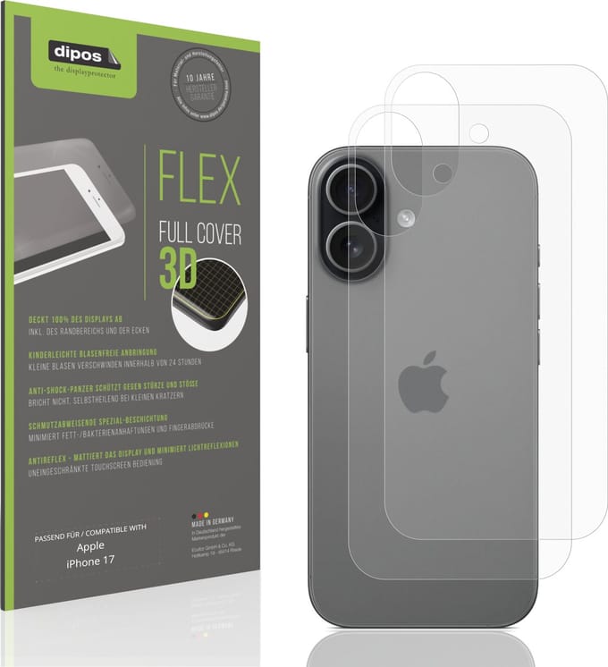 dipos FLEX – 2x Matte Screenprotector geschikt voor Apple iPhone 17 Rückseite | Volledige Schermbescherming | Case-Friendly