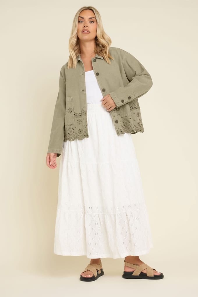 Yours Shacket Van Keperstof Met Broderieontwerp In Kakigroen Size 46