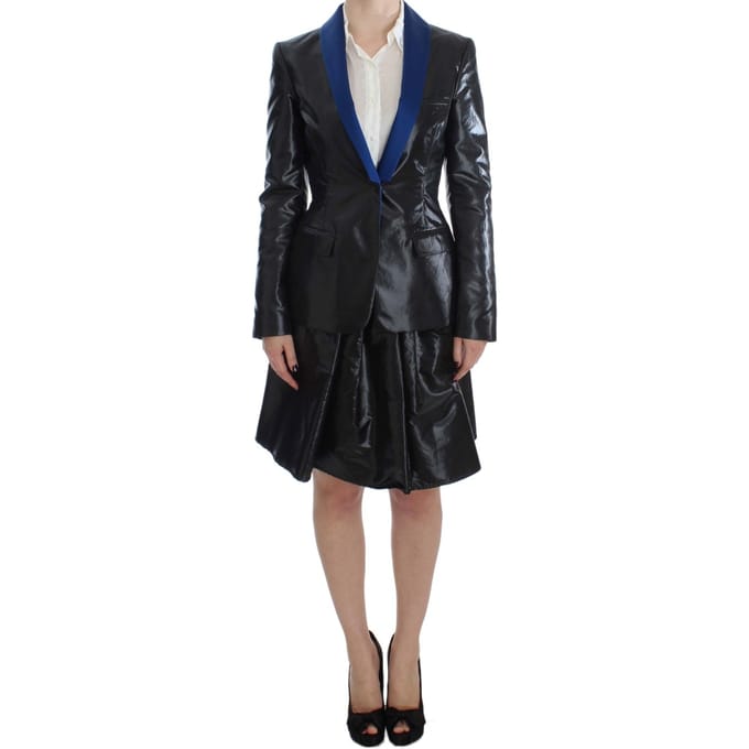 Zwart Blazer Rok Kostuum Blauwe Contrast