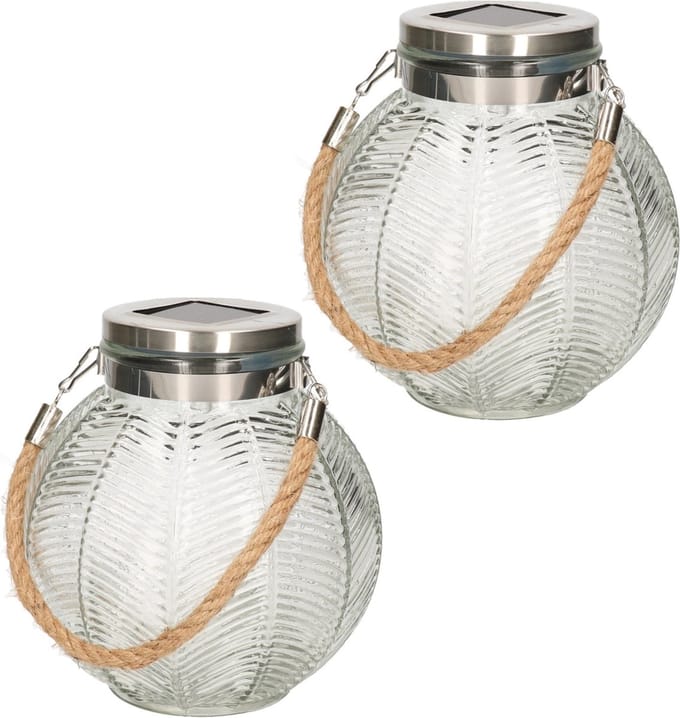 Anna's Collection Lantaarn solar gestreept glas 16 cm - 2x stuks - warm wit licht - handvat touw - rond design