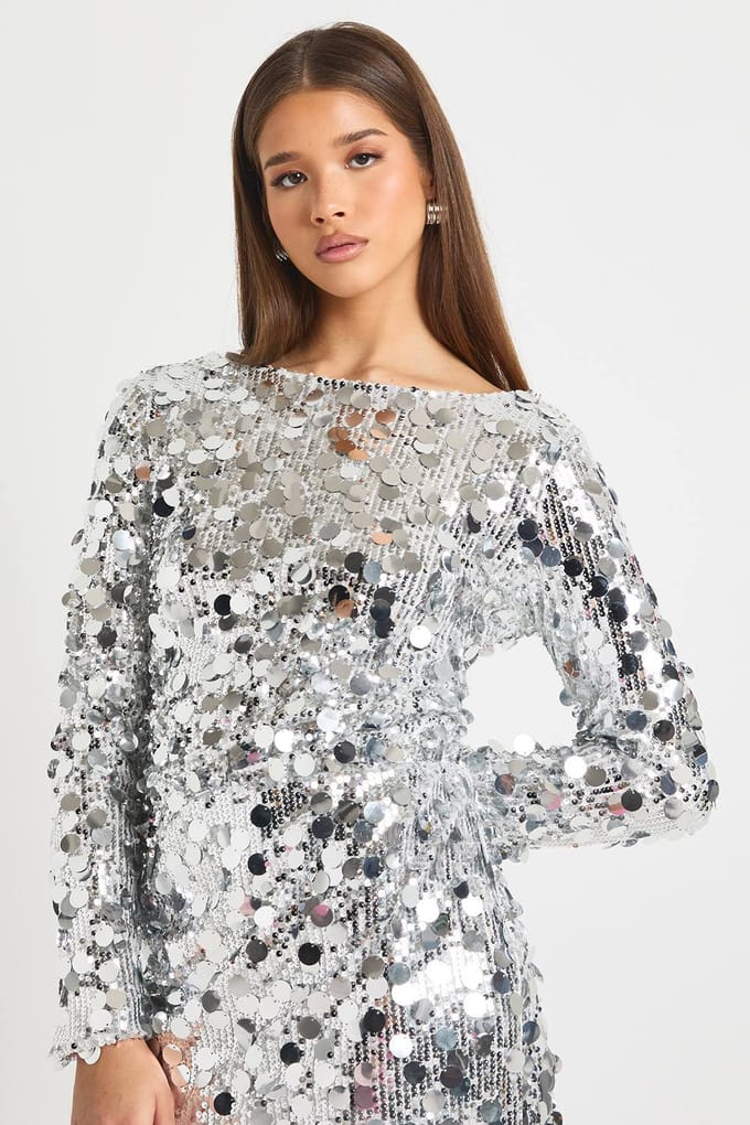 boohoo Dames Disc Sequin Blouson Shift Jurk | Silver | Maat: 12