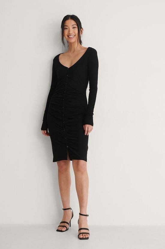 NA-KD Maat XS Rouched Ribbed Button Vrouwen Jurk - Black