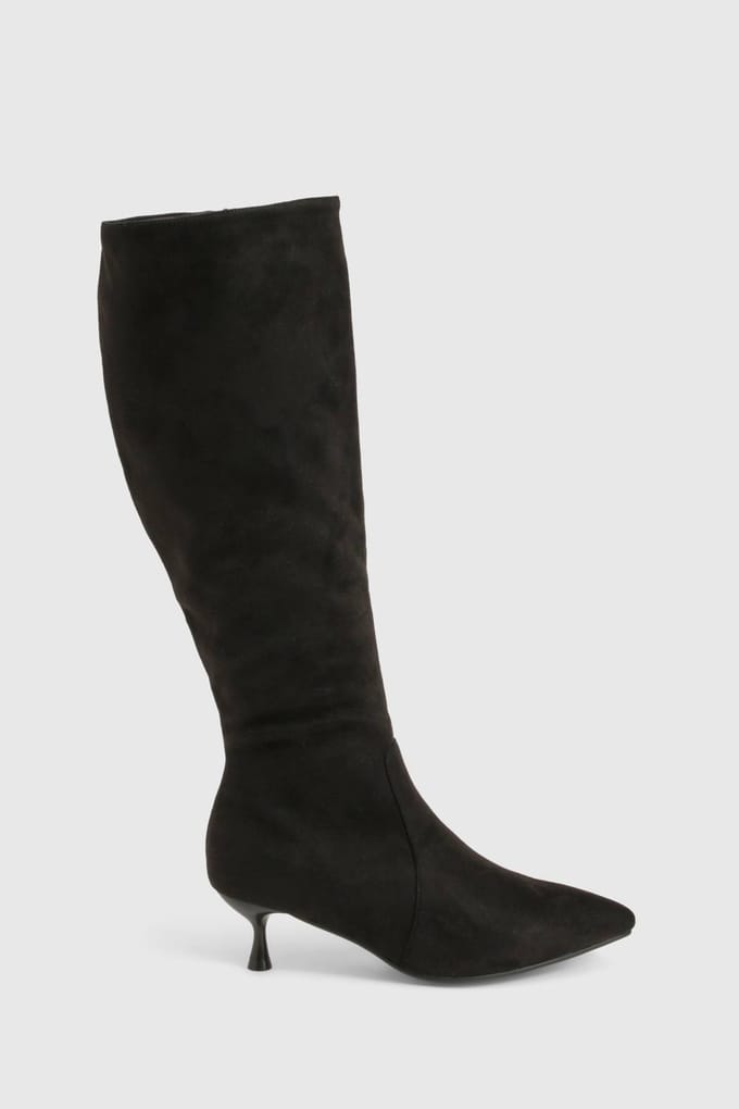boohoo Dames Wide Fit Low Heel Pointed Toe Knee High Boots | Black | Maat: 4