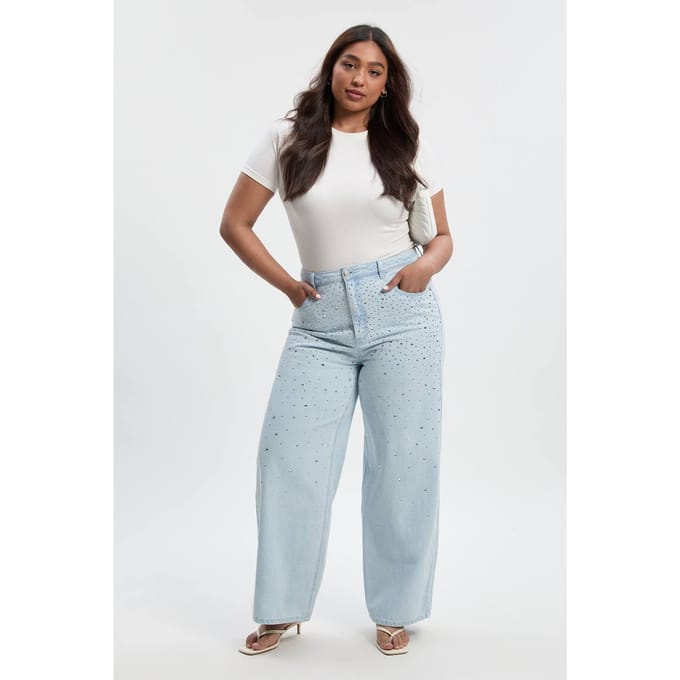 boohoo Dames Plus Versierd Hoge Taille Rechte Pijp Jeans | Bleach Wash | Maat: 28