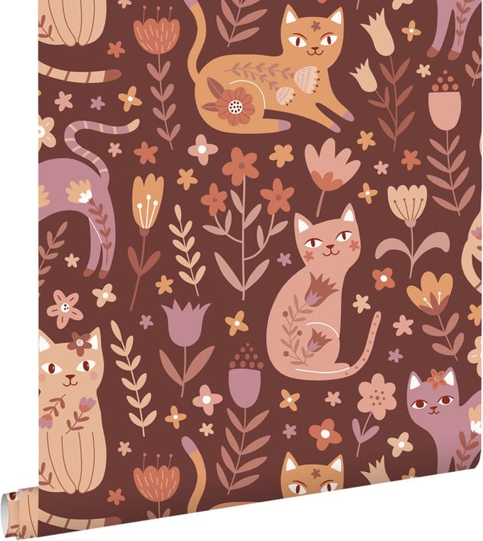 ESTAhome behang katjes donker paars en donker rood - 50 x 900 cm - 132182