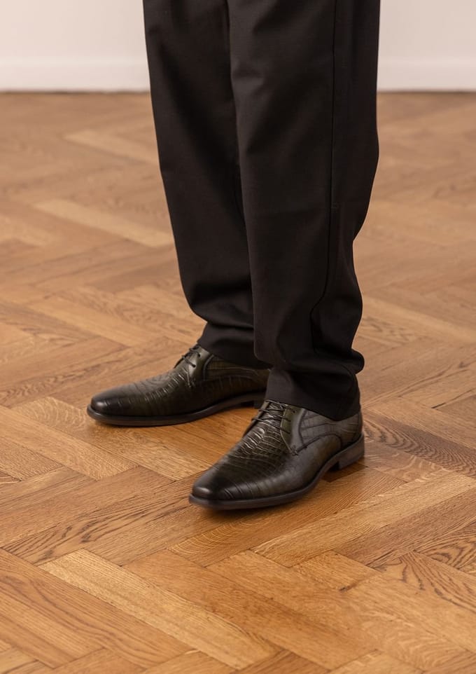 Manfield - Heren - Donkergroene leren croco veterschoenen - Maat 43