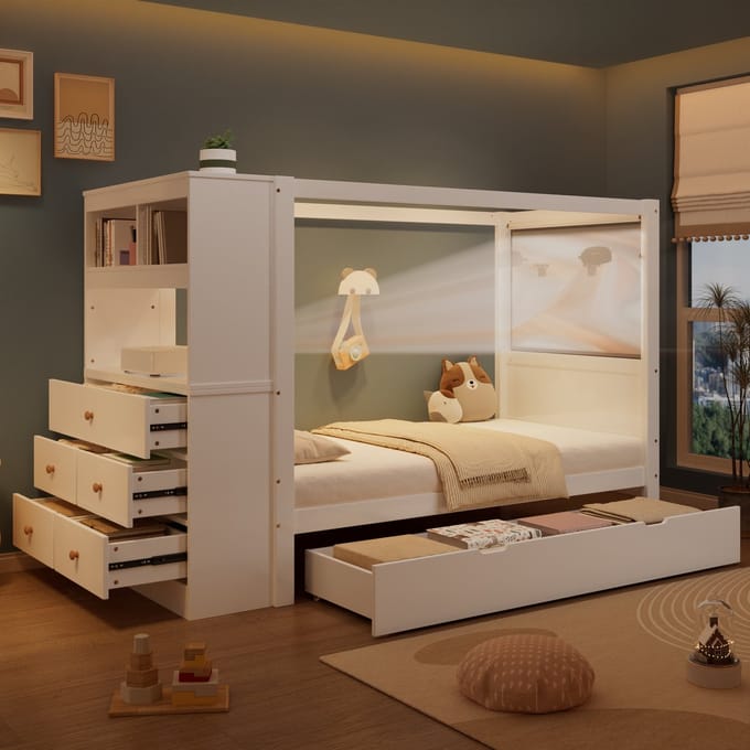 MODFU Bedframe 90x200 cm – wit massief hout – met hemelstang, zijkast en lades