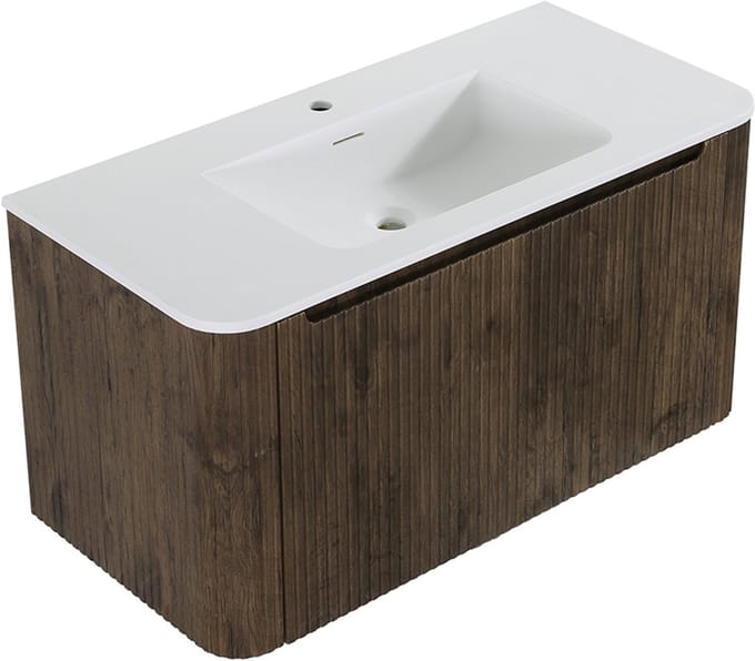 Wastafelkast Wiesbaden Sulora 80cm bruin eiken inclusief wastafelblad Laro solid surface