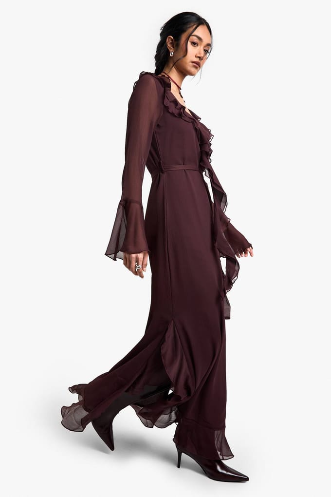 boohoo Dames Ruffle Flare Sleeve Belted Chiffon Maxi Dress | Plum | Maat: 8