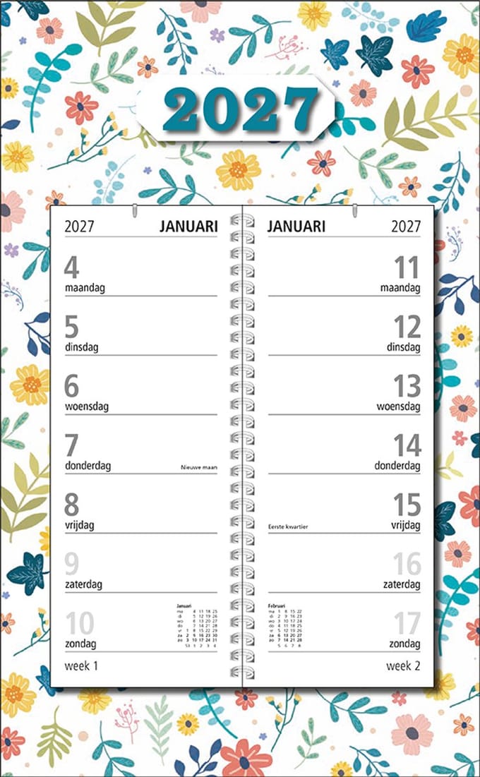 MGPcards - Omlegweekkalender 2027 - Week begint op maandag - 21 x 34 cm - Bloem - Wit