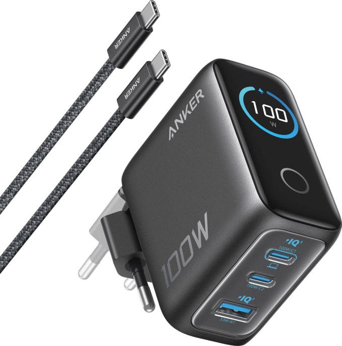 Anker Oplader - 100W Max USB C Oplader - 3-poorts GaN Wandadapter met Slim Display en Touchbediening - Inclusief USB-C Kabel