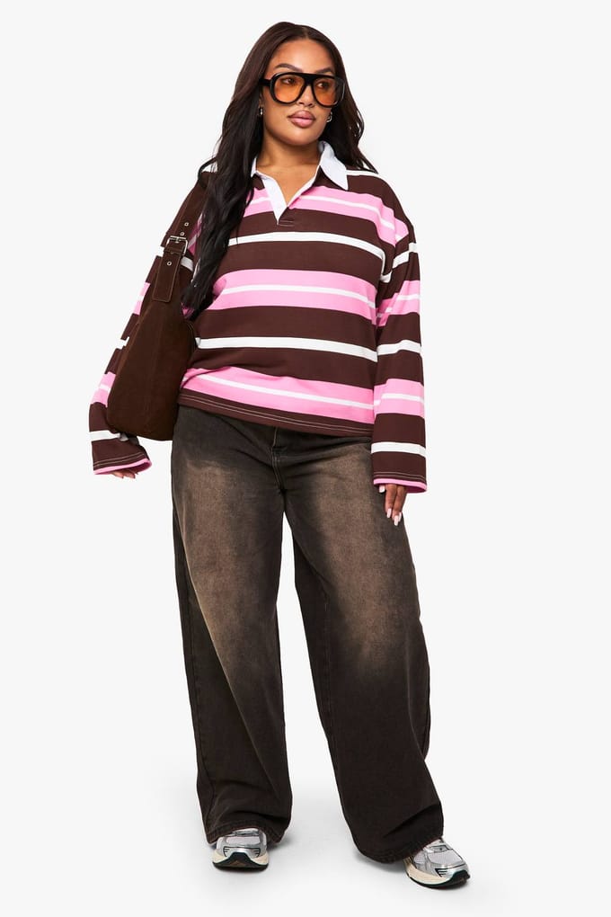 boohoo Dames Plus Breedgestreepte Rugbyshirt | Bordeaux Rood | Maat: 48