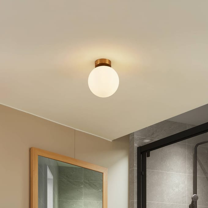 Lucande - Plafondlamp badkamer - 1licht - Staal, glas - H: 17.7 cm - E14 - messingkleurig
