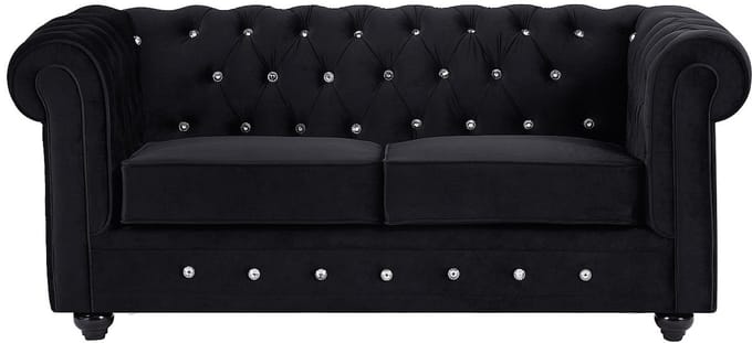 Vente-unique Tweezitsbank van zwart velours en knopen met kristaleffect CHESTERFIELD