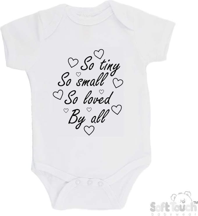 100% katoenen Romper "So Tiny So small So loved By all" Unisex Katoen Wit/zwart Maat 62/68
