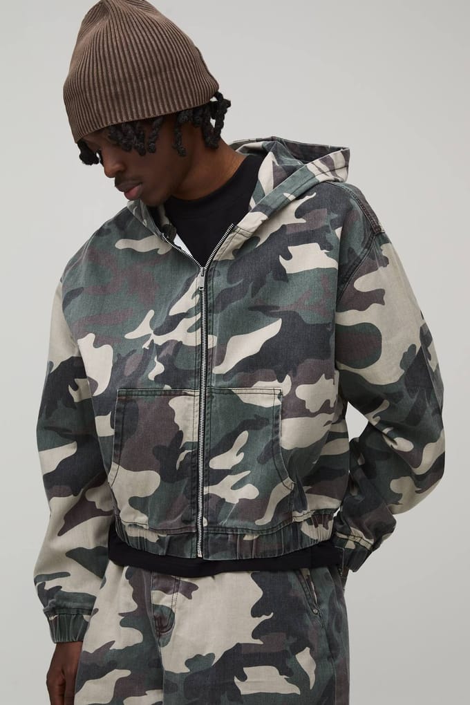 Oversized Crop Camo Twill Hooded Overshirt | Green | Size Small
