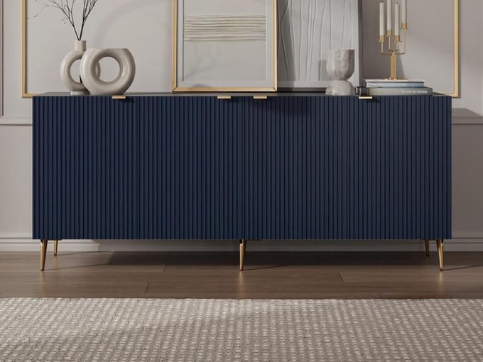 Vente-unique Buffetkast met 4 deurtjes van MDF en staal - Blauw en goudkleurig - YESINIA