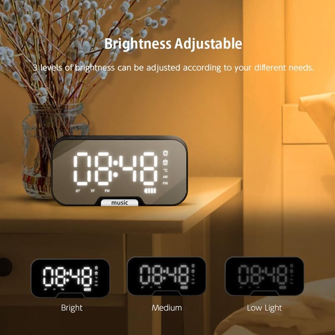 Réveil numérique à surface miroir avec haut-parleur BT, radio FM et affichage de la température, double alarme blanc