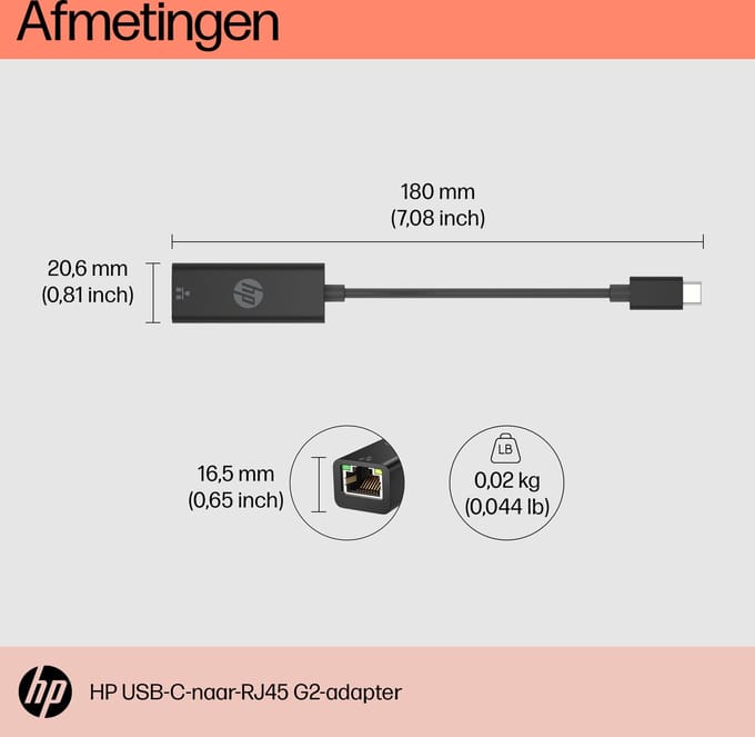 HP USB-C, Netwerk Adapter [1x USB-C stekker - 1x RJ45-bus] USB-C - RJ45 Adapter G2