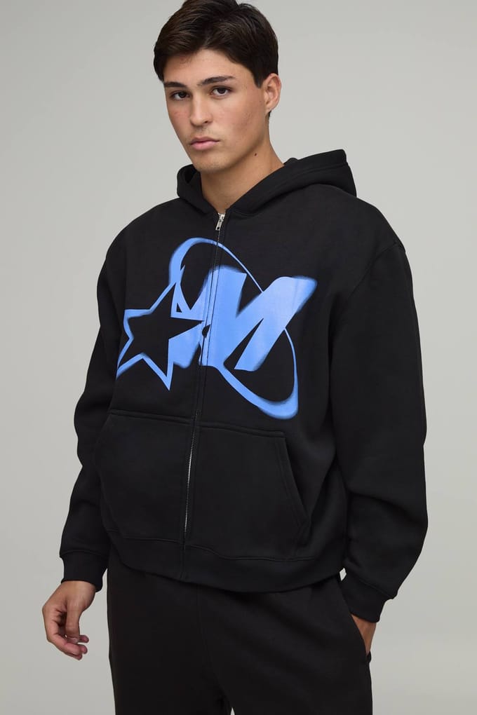 Oversized Boxy Trainingspak Met M-ster Grafische Print En Rits Met Capuchon | Black | Size Medium