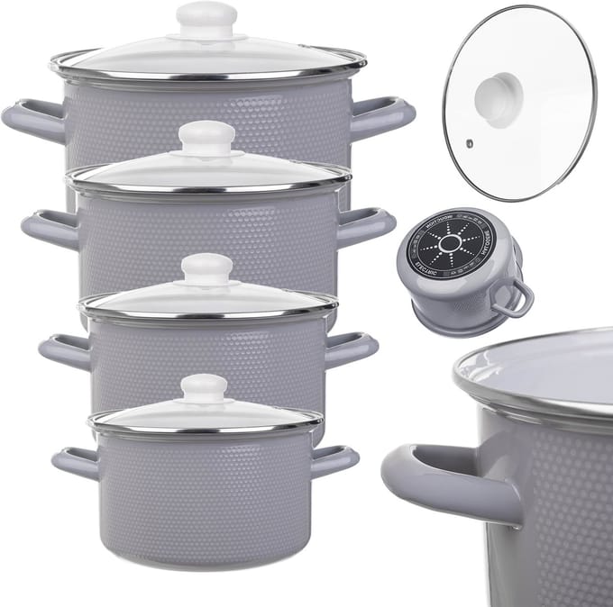 KADAX Set geëmailleerde potten, set van 8 stuks, inductiegasstalen potten + deksels