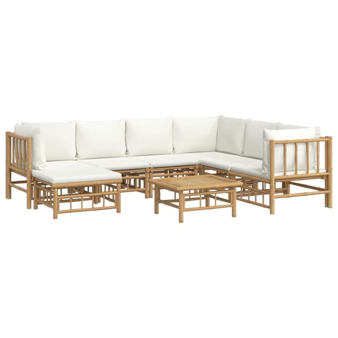 vidaXL - 8-delige - Loungeset - met - kussens - bamboe - crèmewit