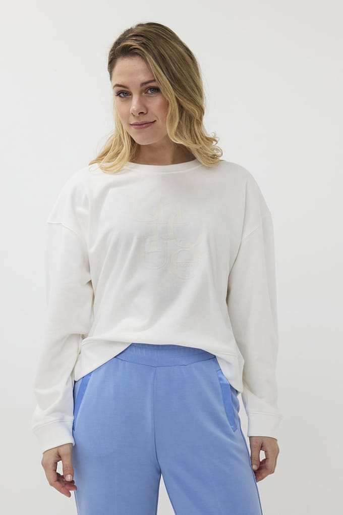 EsQualo Sweater Flock Print “unique Off White Größe: S | Longsleeves Outlet | Damen | Weiß