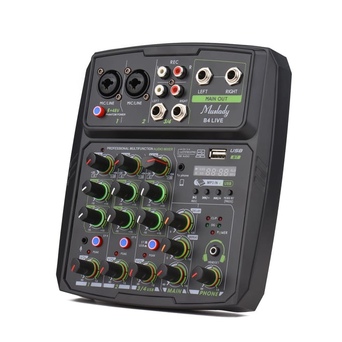 Muslady 4-kanaals audiomixer Mengpaneel LED-scherm Ingebouwde geluidskaart USB BT-verbinding met EU Plug gray