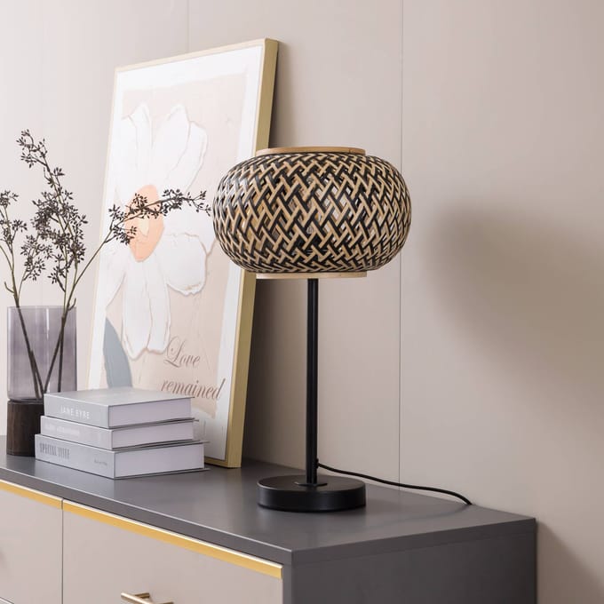 Lindby - Tafellamp - 1licht - Bamboe, ijzer - H: 48 cm - E27 - zwart, donker hout