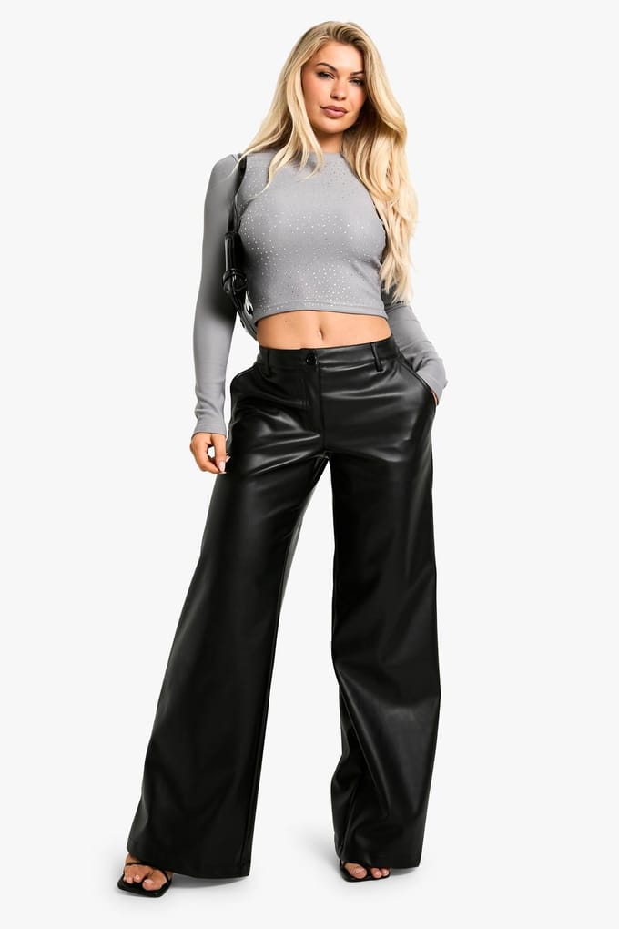 boohoo Dames Diamante Hotfix Top met lange mouwen | Houtskool | Maat: Small