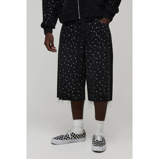 Gewassen Denim Jorts Met Strass En Verlengde Pasvorm | Washed Black | Size 36