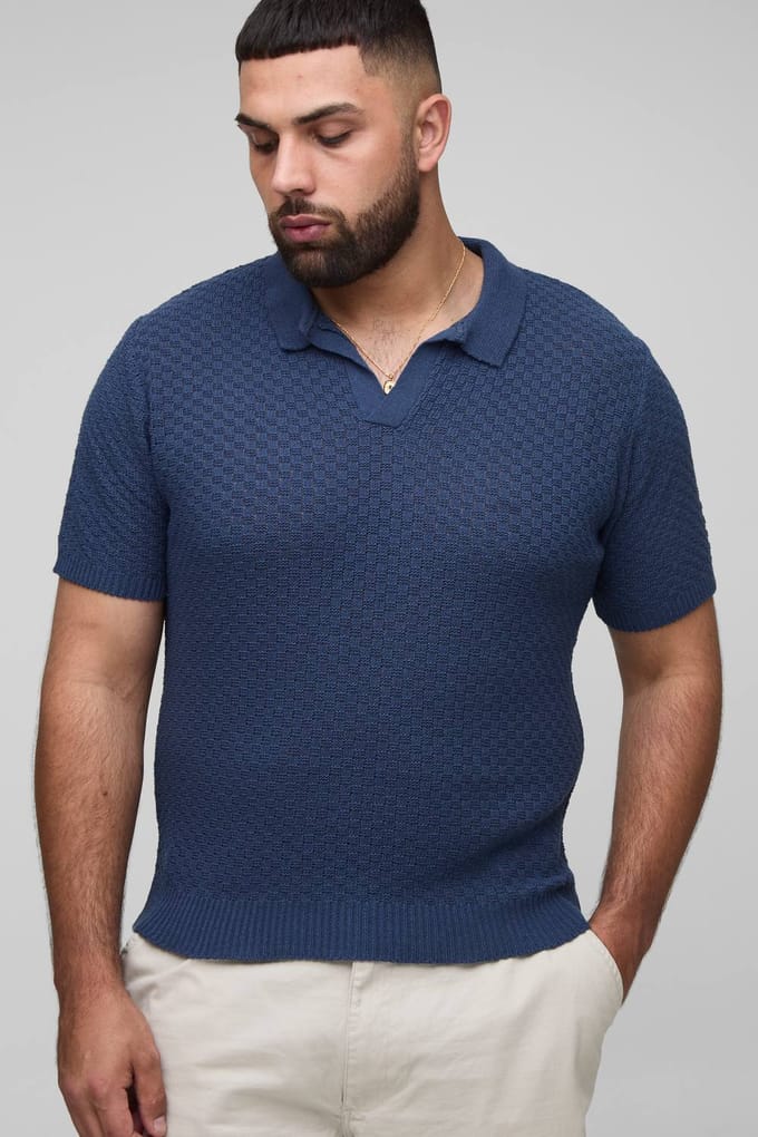 Plus Regular Fit Micro Ruit Gehaakte Polo Shirt | Navy | Size 2XL