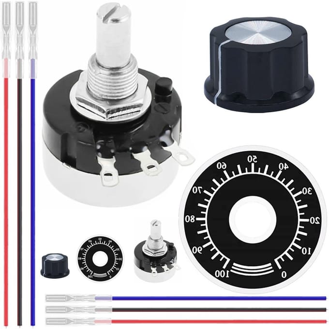 Draaipotentiometer Set - Variabele Weerstand - Toerental Regeling - Koolstof Film Element - 24mm Behuizing 6mm Schacht