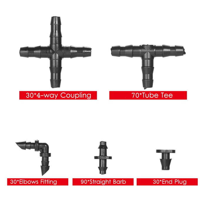 Kit de raccords d'irrigation goutte à goutte, 250 pièces, connecteurs barbelés compatibles avec de l'eau de 1/4 pouces 200pcs noir