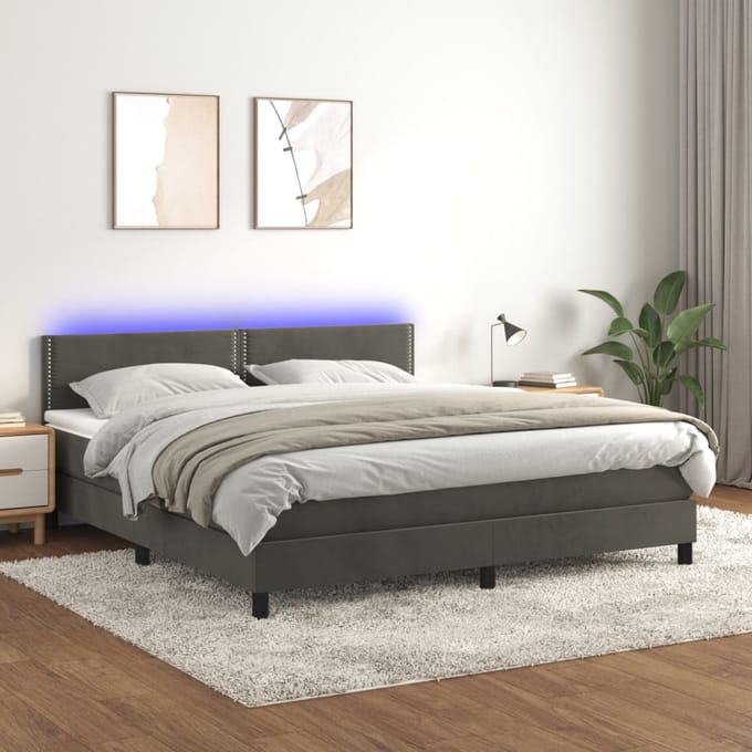 vidaXL - Boxspring - met - matras - en - LED - fluweel - donkergrijs - 180x200 - cm