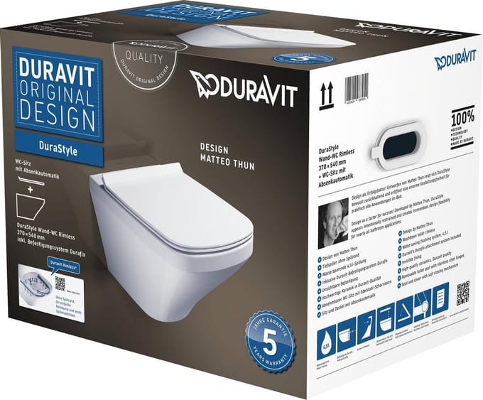 Duravit DuraStyle hangtoilet – Rimless – verdekte bevestiging – diepte 54 cm – met softclose zitting – glans wit