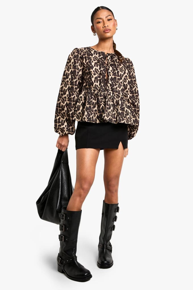 boohoo Dames Leopard tie-front smock top met puffmouwen en lange mouwen | Maat: 6
