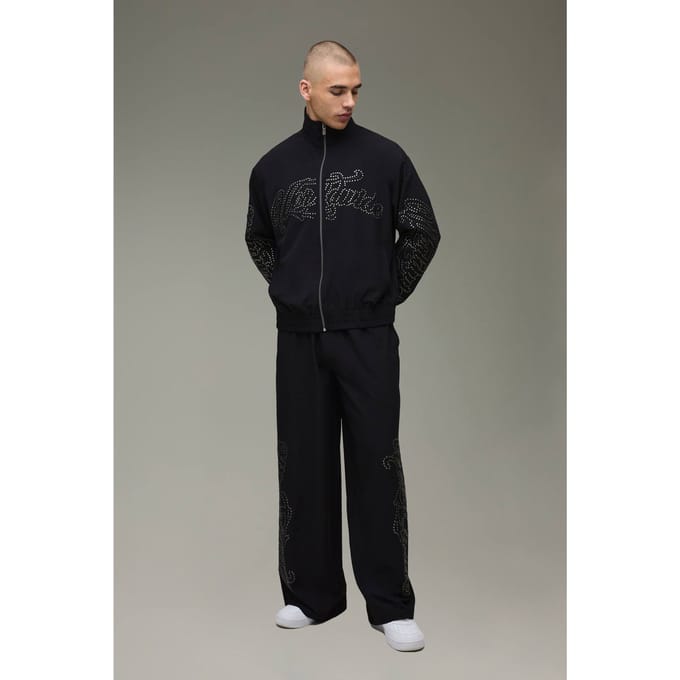 Boxy Fit Funnel Neck Zip Through Woven Tracksuit | Black | Size Medium