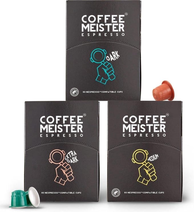 CoffeeMeister | Proefpakket 240 koffiecups | Medium, dark en extra dark roast | Nespresso compatibel
