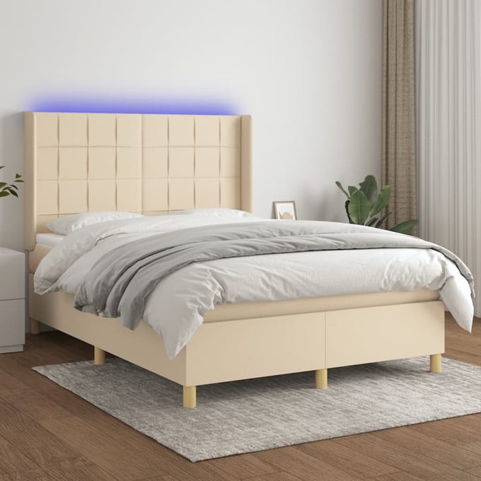 vidaXL - Boxspring - met - matras - en - LED - stof - crèmekleurig - 140x190 - cm
