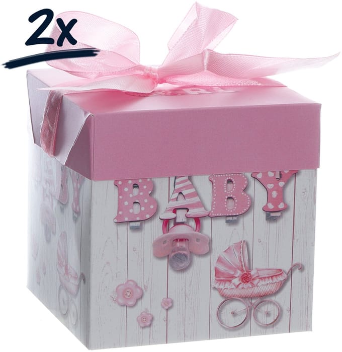 Set van 2 Cadeaudoosjes - Bewaardoosje voor Babyshower - Met Lint en Strik - 10x10x10 cm