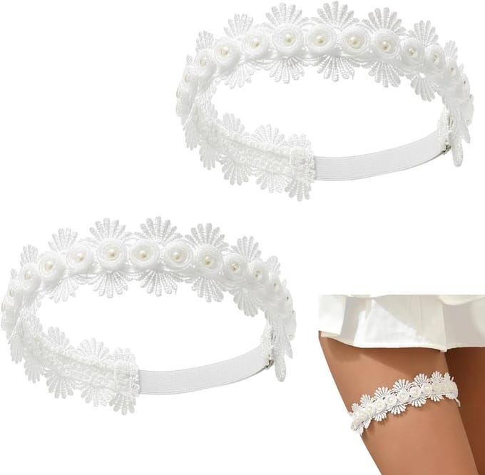 Elegante Bruidsbanden Set van 2, Kanten en Parels, Perfecte Accessoires voor de Bruid, Wit en Elastisch