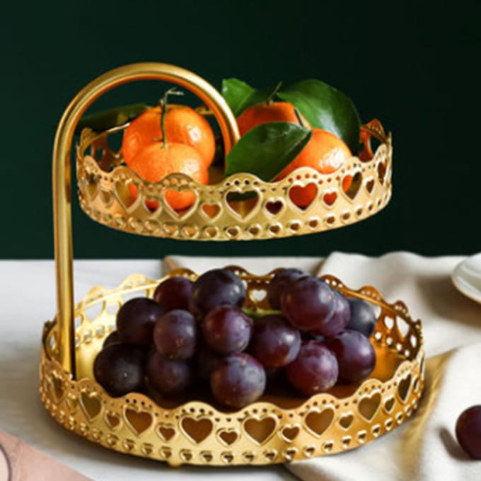 Dubbellaagse Gebaksschaal Decoratief Koper Goud Koekjes Dessert Displaybord voor Bruiloft Liefdevol beige