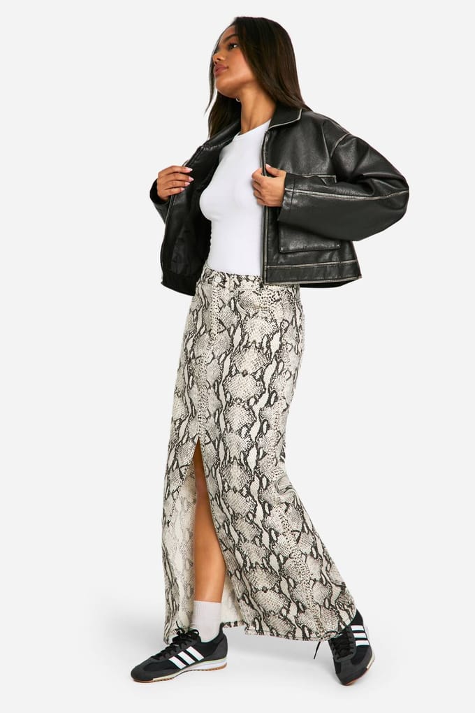 boohoo Dames Snake Print Denim Midaxi Rok | Slangenprint | Maat: 38
