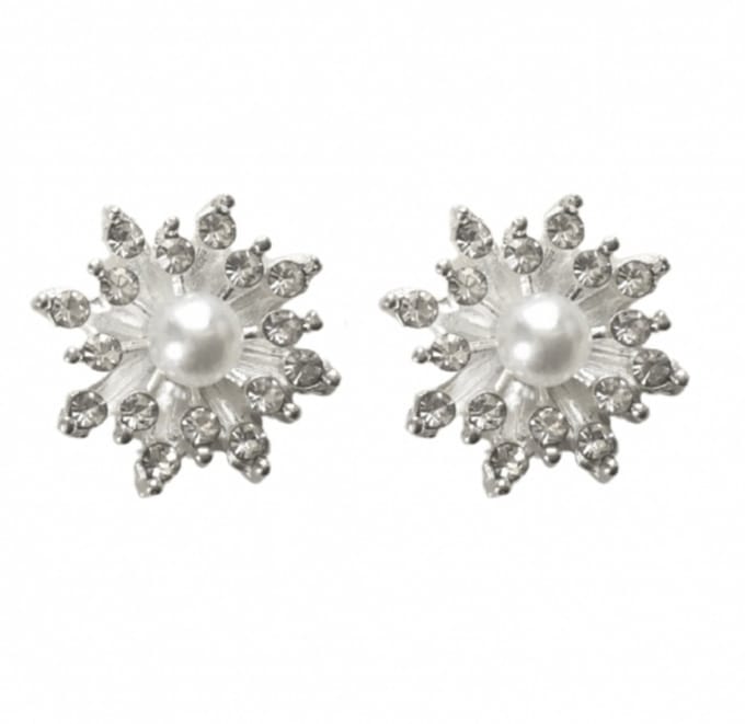 Magneet oorbellen Parel Strass zilverkleur 15 mm