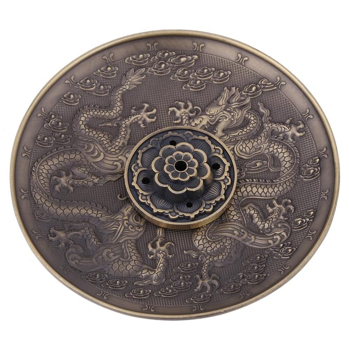 Zinklegering Wierstok Brander Houder Drakenpatroon Censer Plaat voor Huis Tempel(Rood Brons)